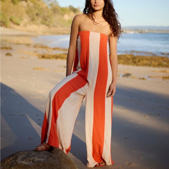 Striped Orange and White Strapless Eden Jumpsuit - Picture 2 of 9